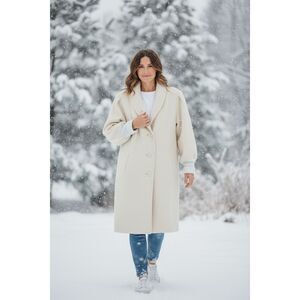 Stephanie Mathews Cream Wool Blend Shawl Collar Coat Vintage XL Made in USA